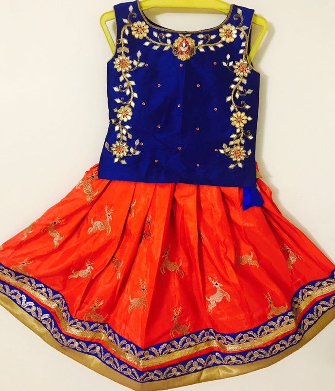 Royal Blue & Orange Combo Kanchi Silk Lehanga set 3y size
