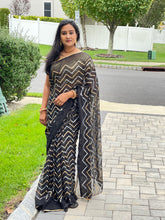 Load image into Gallery viewer, Black sequence saree with gold sequence blouse
