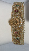 Load and play video in Gallery viewer, Gold Color Kundan &amp; Pearl Work Raw Silk Waist Belt
