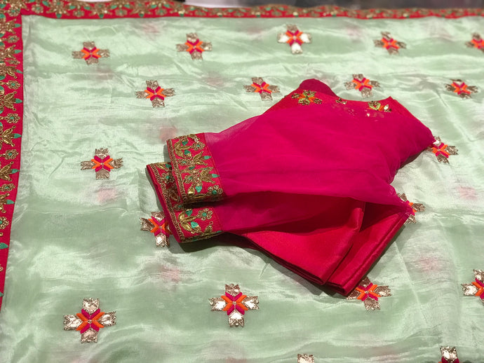 Light green Chinon silk embroidery saree with pink work blouse