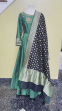 Load and play video in Gallery viewer, Dark green raw Silk Dress with Black Banarasi Dupatta
