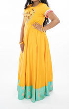 Load image into Gallery viewer, Mustard Yellow Raw Silk Long Frock With blue border
