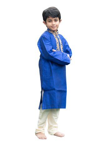 Royal Blue Silk and Brocade Kurta Pyjama Set for Littile Boys