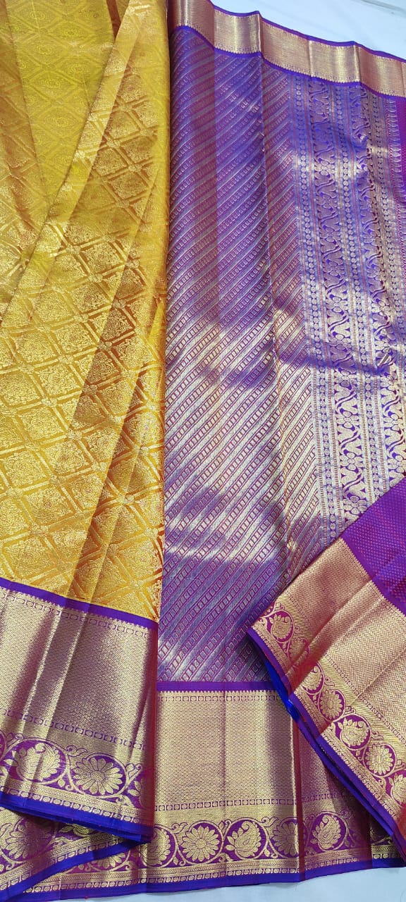 Yellow and purple combination pure kanchi silk saree with stitched blouse !