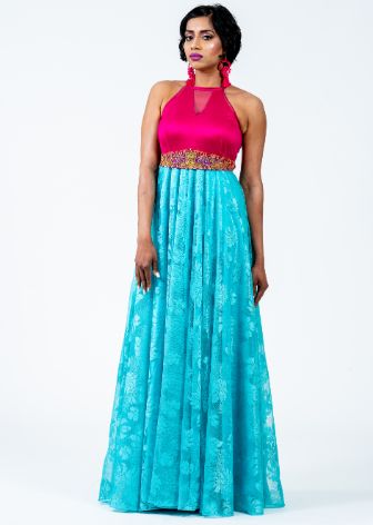 Fuschia Pink Satin & Net Maxi Dress