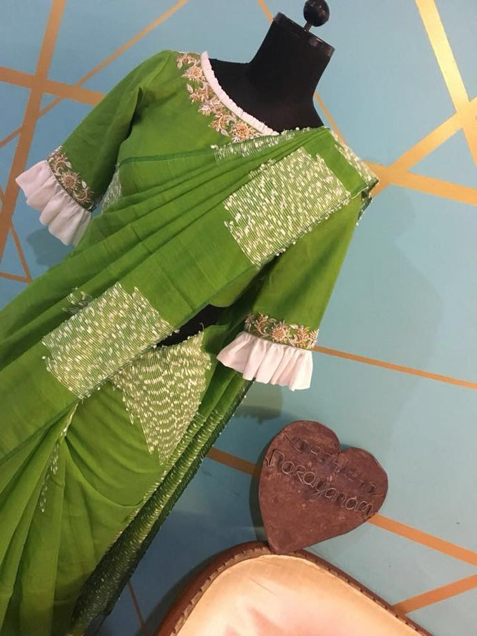 Green Matka Cotton Saree with Zardozi Work Blouse