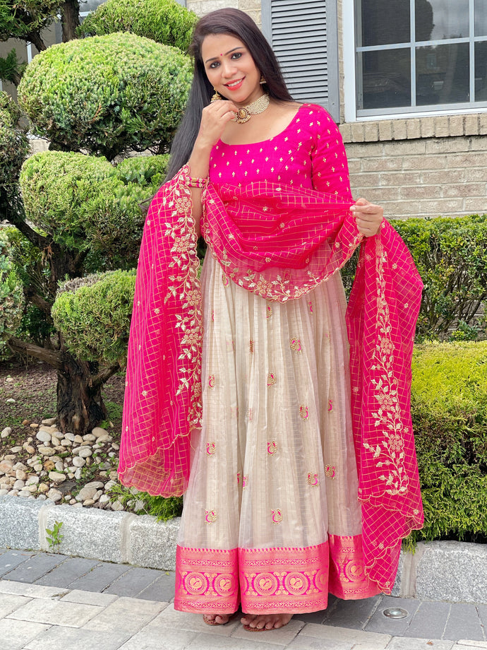 Pink and Cream pearl work organza long frock