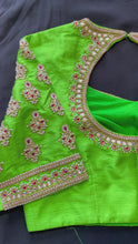 Load and play video in Gallery viewer, Parrot green pearl maggam Work Raw Silk
