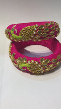 Load and play video in Gallery viewer, Pink Peacocks Design  Zardosi Work Broad Raw Silk Bangles
