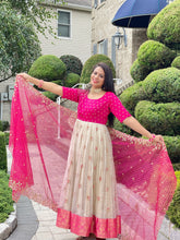 Load image into Gallery viewer, Pink and Cream pearl work organza long frock
