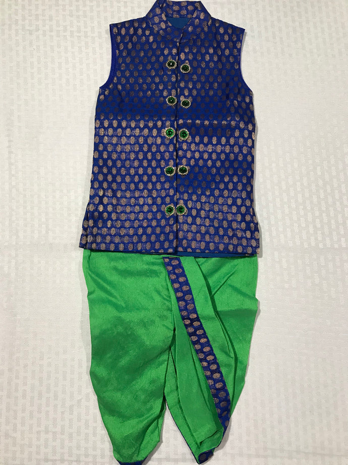 Little Kids Blue & Green Silk Dhothi Set 1Y Size