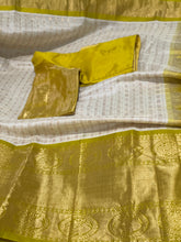 Load image into Gallery viewer, Half white and yellow combo Kupaddam silk saree with stitched blouse
