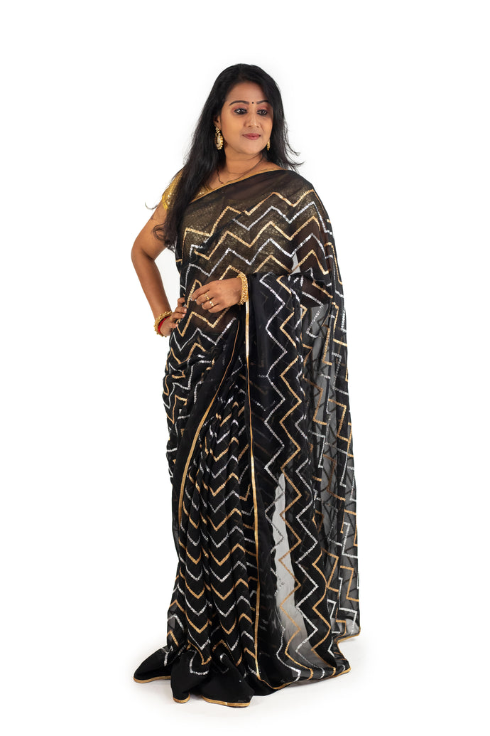 Black  Sequence Georgette Saree With Gold Blouse