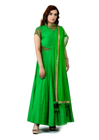Bottle Green Silk Gold Maxi Cocktail Dress With Dupatta/ Stroll
