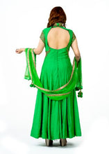 Load image into Gallery viewer, Bottle Green Silk Gold Maxi Cocktail Dress With Dupatta/ Stroll
