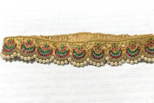 Load image into Gallery viewer, Gold Multi Color Kundan &amp; Pearl Work Raw Silk Waist Belt
