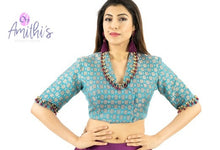 Load image into Gallery viewer, Blue Brocade Collar Emerald Work Blouse By Monk
