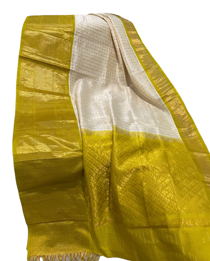 Half white and yellow combo Kupaddam silk saree with stitched blouse