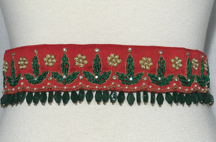 Red & Green Color Maggam Work Raw Silk Waist Belt