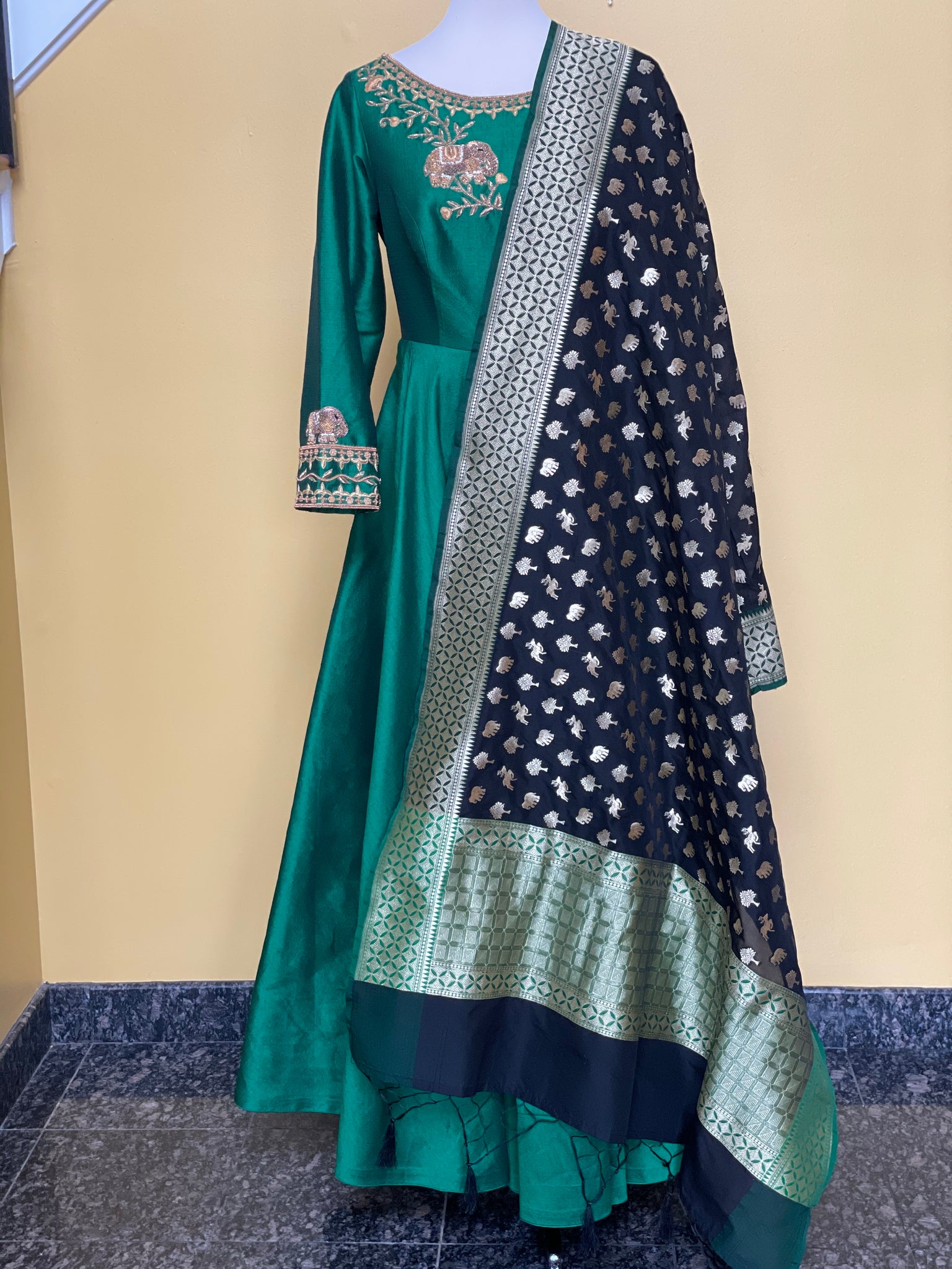 raw silk dress with banarasi dupatta Sea green & navy blue satin georgette embroidered dress material with banarasi dupatta