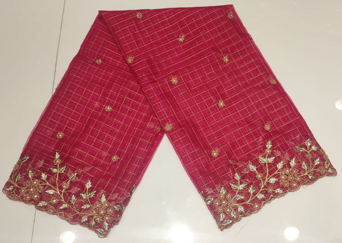 Dark pink organza checks cutwork duppata