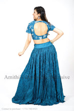 Load image into Gallery viewer, Blue crushed lehenga set with floral dupatta
