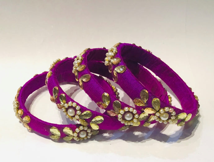 Purple Color Thin Raw Silk Bangles Set of 4