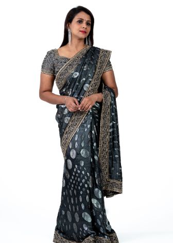 Grey Silk Hand Embroidered Stone Saree