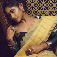 Load image into Gallery viewer, Yellow Check Saree With Bottle Green Banaras Silk Blouse
