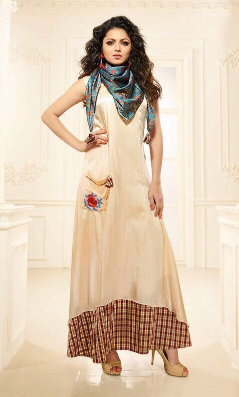 Beige Color Satin Long Kurti With scarf