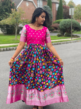 Load image into Gallery viewer, Black and pink Kalamkari print long frock
