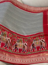 Load image into Gallery viewer, Light gray strips with red digital print embroidery border Saree with Stitched Blouse
