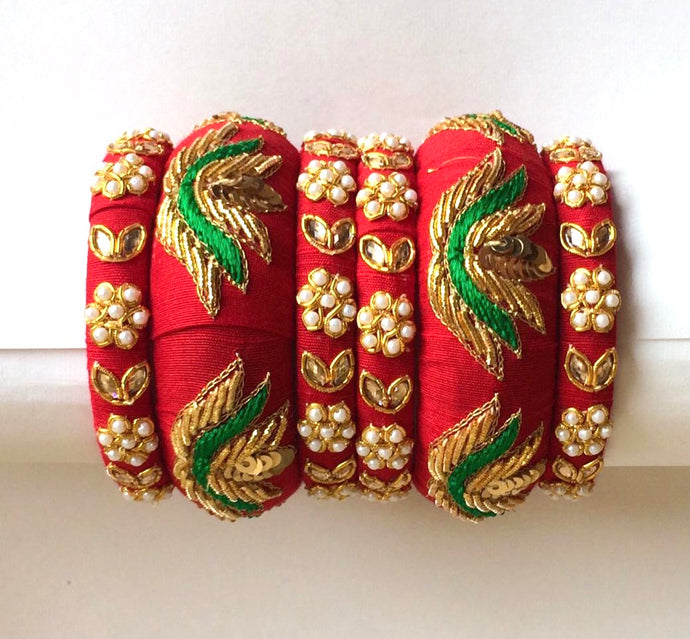 Red Color Raw Silk Bangles Set