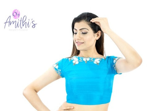 Blue Color Pearl Work Raw silk Crop-Top Blouse
