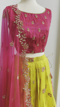 Load and play video in Gallery viewer, Pink and yellow pearl work organza lehanga set
