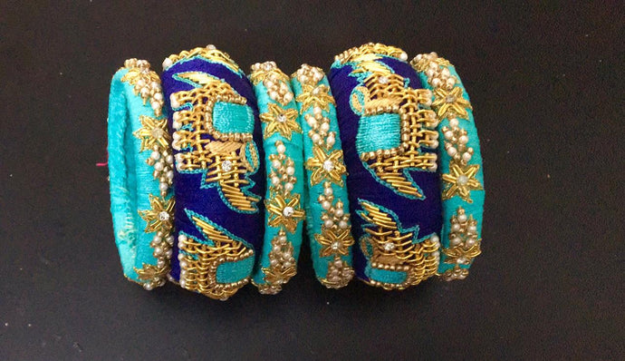 Blue Elephant Work Raw Silk Bangles Set