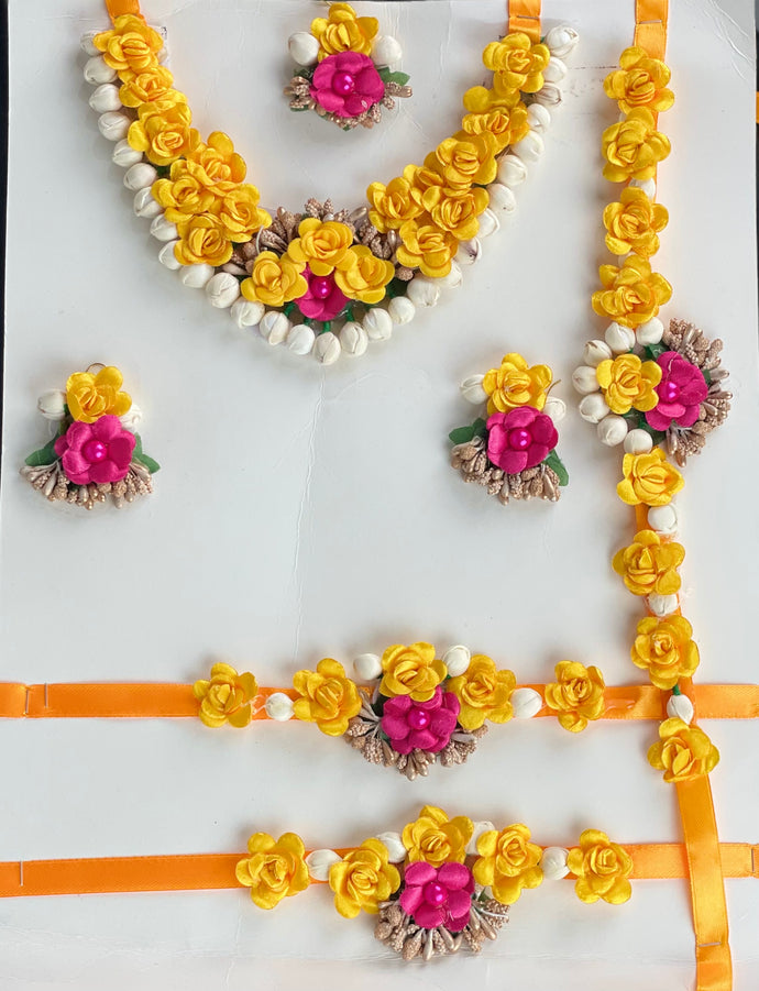 Yellow and pink flower jewelry set for Haldi