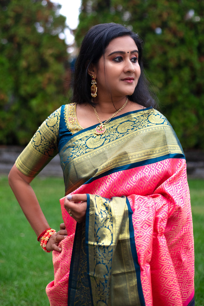 Dark Pink and Navy blue combo Pure Silk Saree With Stitched Work Blouse
