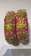 Load and play video in Gallery viewer, Pink &amp; Yellow Zardosi Work Broad Raw Silk Bangles
