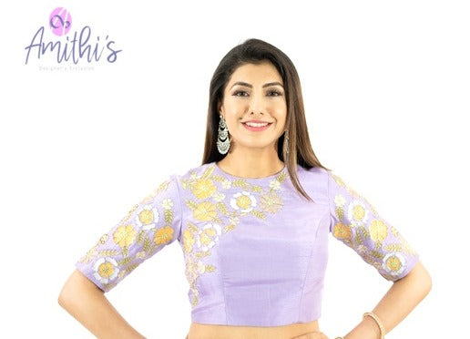 Lavender Color Pure Raw Silk Blouse With Floral Thread Work