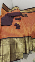 Load and play video in Gallery viewer, Orange with brown border Kupaddam silk saree with stitched blouse
