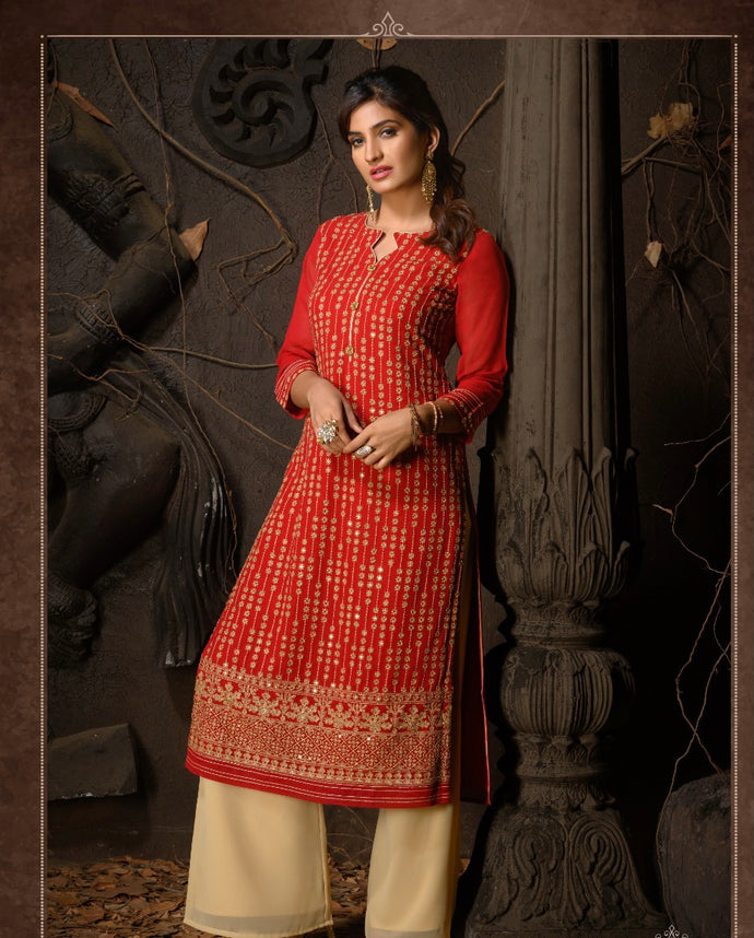 Red Georgette Gold thread embroidery kurti