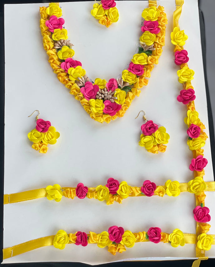 Yellow and pink flower jewelry set for Haldi