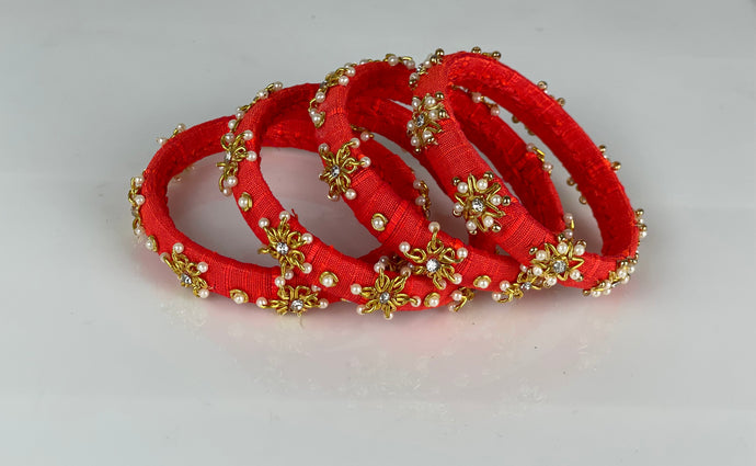 Orange color Thin zardosi and pearl  Raw Silk Bangles Set of 4