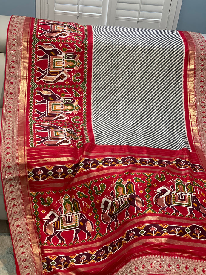 Light gray strips with red digital print embroidery border Saree with Stitched Blouse