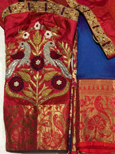 Load image into Gallery viewer, Blue &amp; Red Color Combo Pure Silk Saree With Stitched Work Blouse
