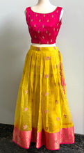 Load image into Gallery viewer, Pink and yellow pearl work organza lehanga set
