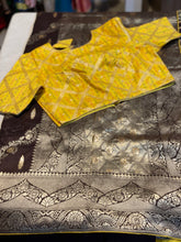 Load image into Gallery viewer, Coffee color Munga Silk Saree With yellow Banaras Stitched  Blouse
