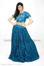 Load image into Gallery viewer, Blue crushed lehenga set with floral dupatta
