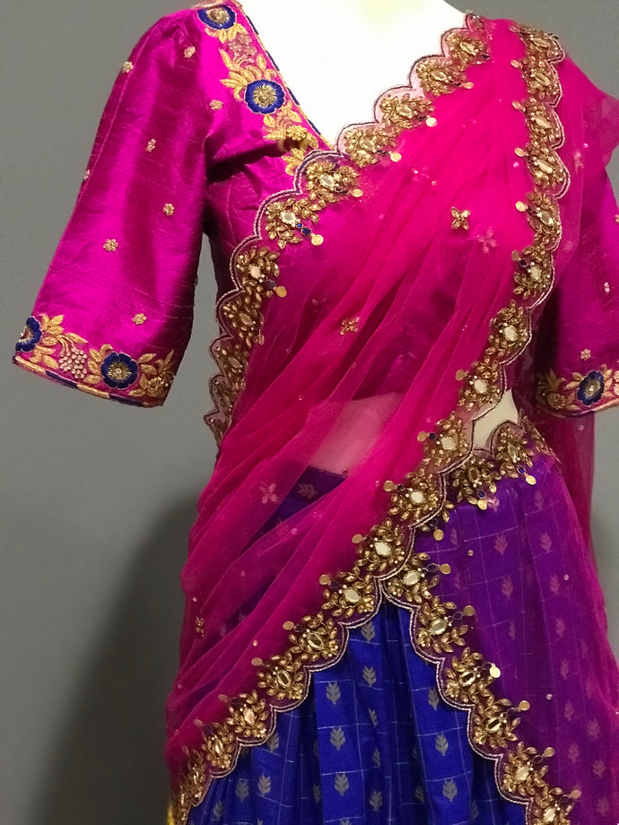 Royal blue and Pink Traditional Silk Lehenga  Set